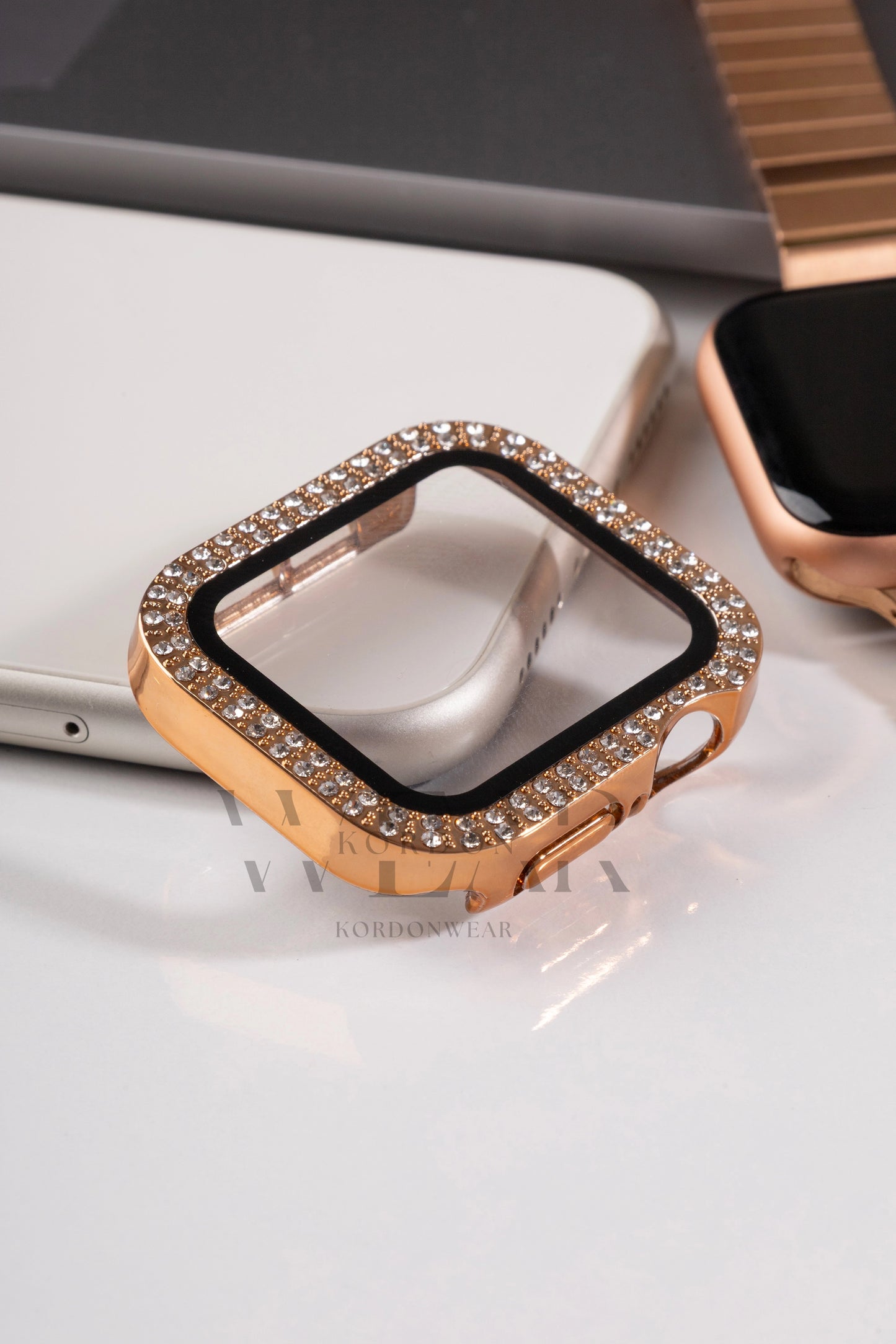 Çift Sıra Taşlı Ekran ve Kasa Koruyucu | Apple Watch Uyumlu Kılıf - Rose Gold
