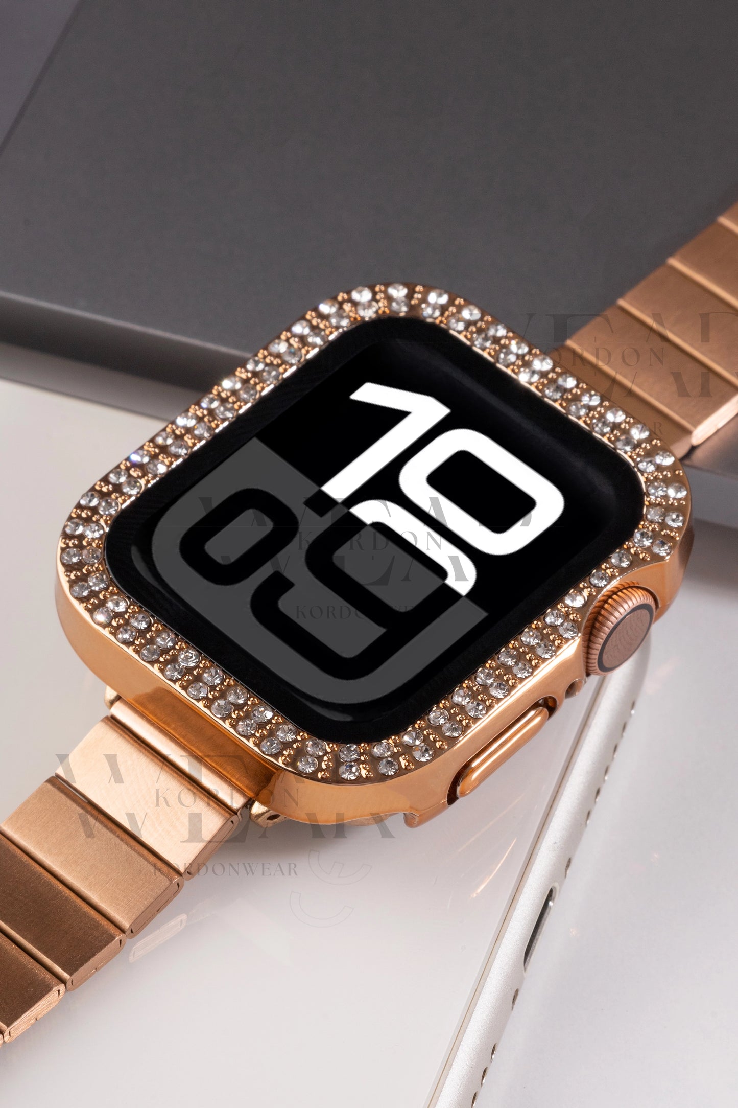 Çift Sıra Taşlı Ekran ve Kasa Koruyucu | Apple Watch Uyumlu Kılıf - Rose Gold
