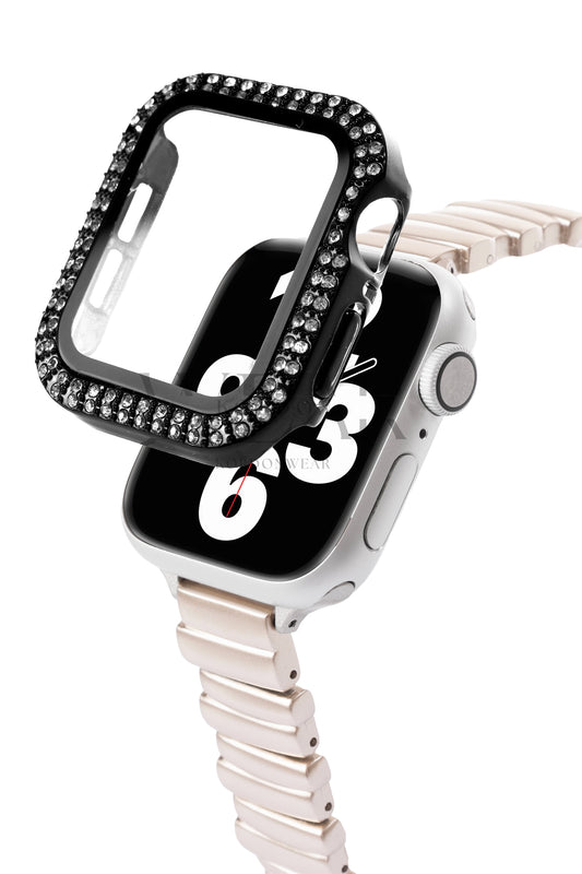 Çift Sıra Taşlı Ekran ve Kasa Koruyucu | Apple Watch Uyumlu Kılıf - Siyah