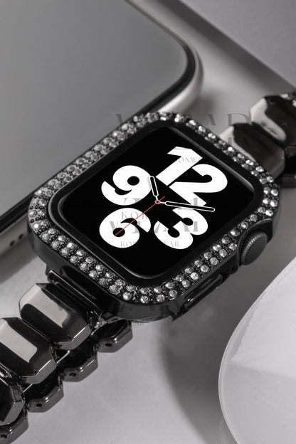 Çift Sıra Taşlı Ekran ve Kasa Koruyucu | Apple Watch Uyumlu Kılıf - Siyah