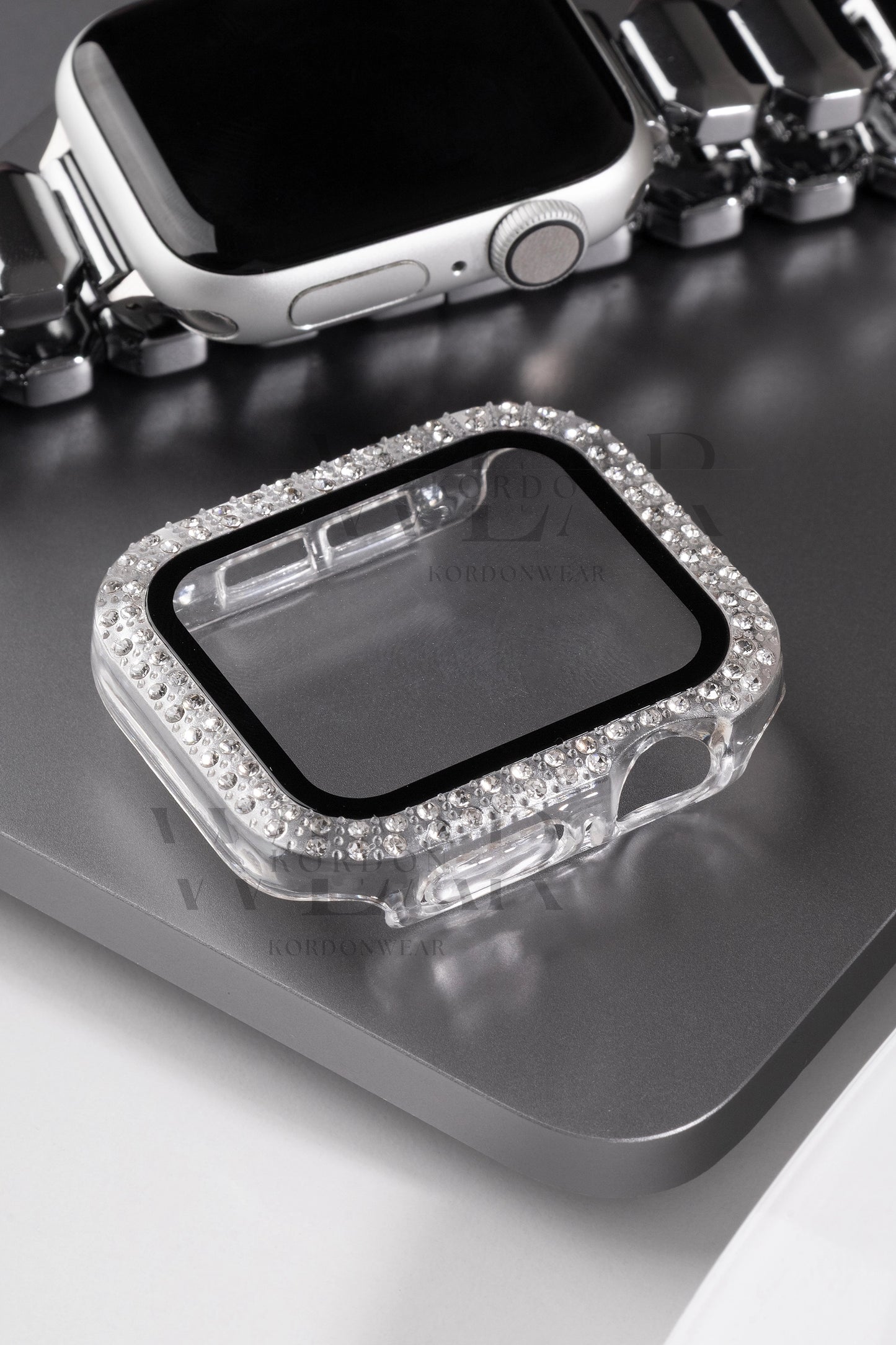 Çift Sıra Taşlı Ekran ve Kasa Koruyucu | Apple Watch Uyumlu Kılıf - Şeffaf