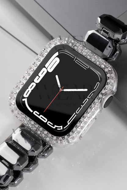 Çift Sıra Taşlı Ekran ve Kasa Koruyucu | Apple Watch Uyumlu Kılıf - Şeffaf