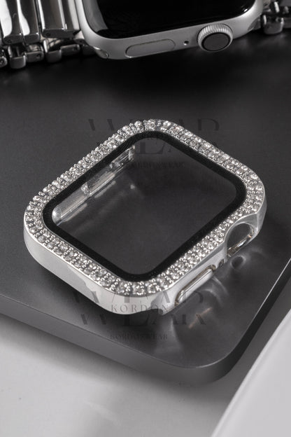 Çift Sıra Taşlı Ekran ve Kasa Koruyucu | Apple Watch Uyumlu Kılıf - Gümüş