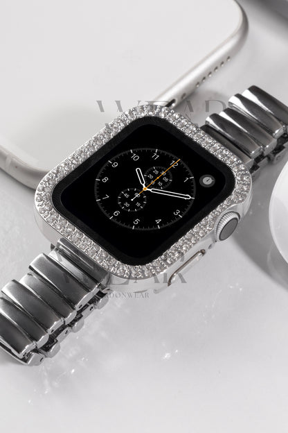 Çift Sıra Taşlı Ekran ve Kasa Koruyucu | Apple Watch Uyumlu Kılıf - Gümüş