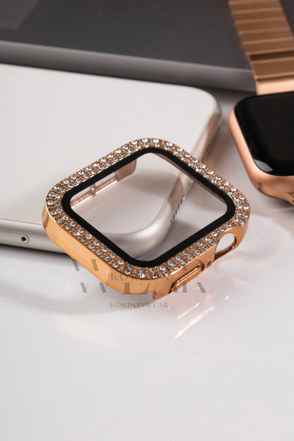 Çift Sıra Taşlı Ekran ve Kasa Koruyucu | Apple Watch Uyumlu Kılıf - Rose Gold