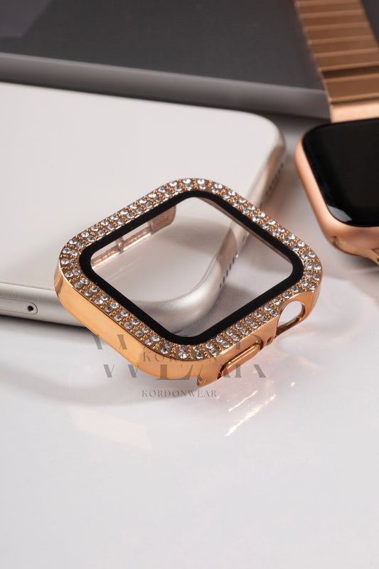 Çift Sıra Taşlı Ekran ve Kasa Koruyucu | Apple Watch Uyumlu Kılıf - Rose Gold