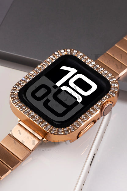 Çift Sıra Taşlı Ekran ve Kasa Koruyucu | Apple Watch Uyumlu Kılıf - Rose Gold