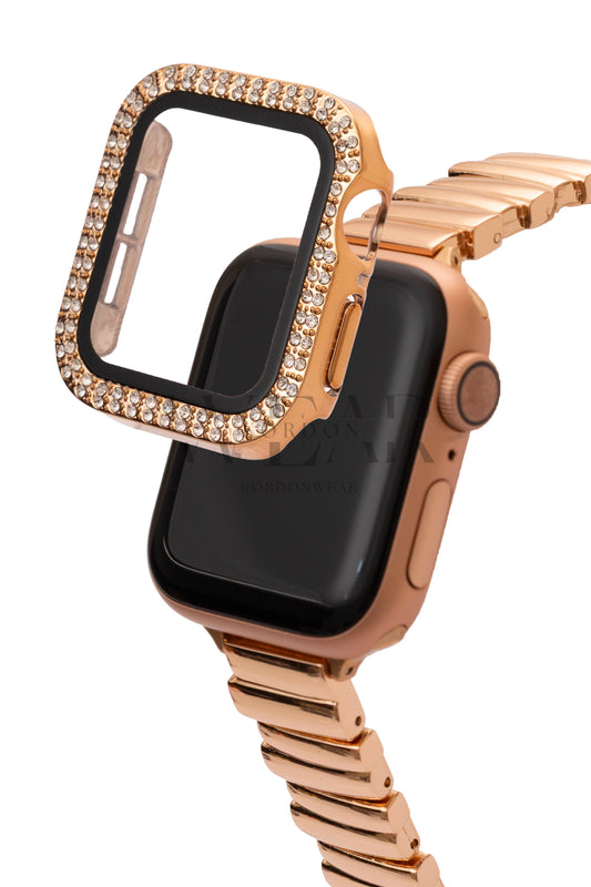 Çift Sıra Taşlı Ekran ve Kasa Koruyucu | Apple Watch Uyumlu Kılıf - Rose Gold