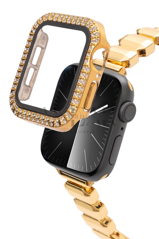 Çift Sıra Taşlı Ekran ve Kasa Koruyucu | Apple Watch Uyumlu Kılıf - Gold