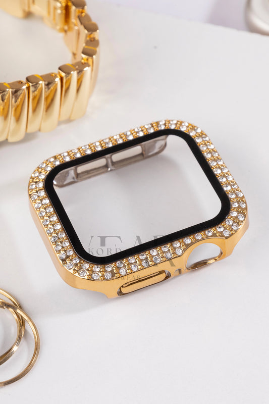 Çift Sıra Taşlı Ekran ve Kasa Koruyucu | Apple Watch Uyumlu Kılıf - Gold